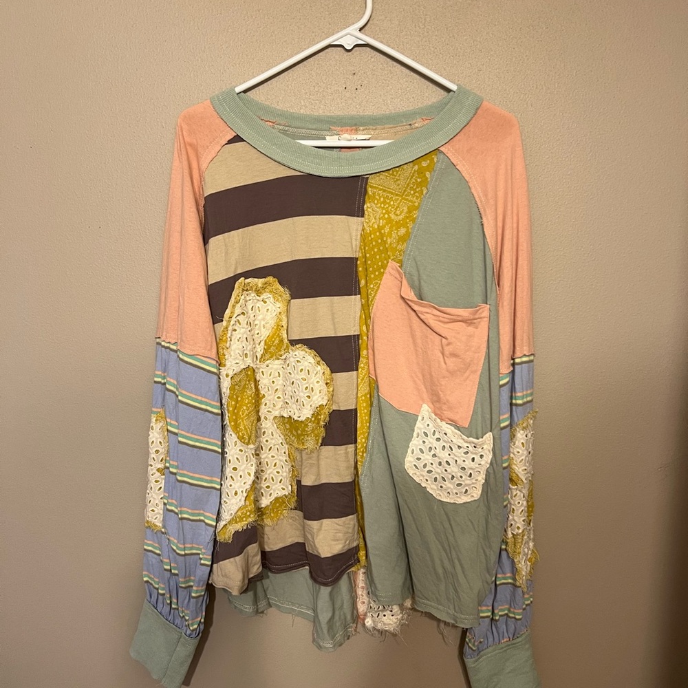 Fall Flower Boho Striped Applique Patchwork Top Large